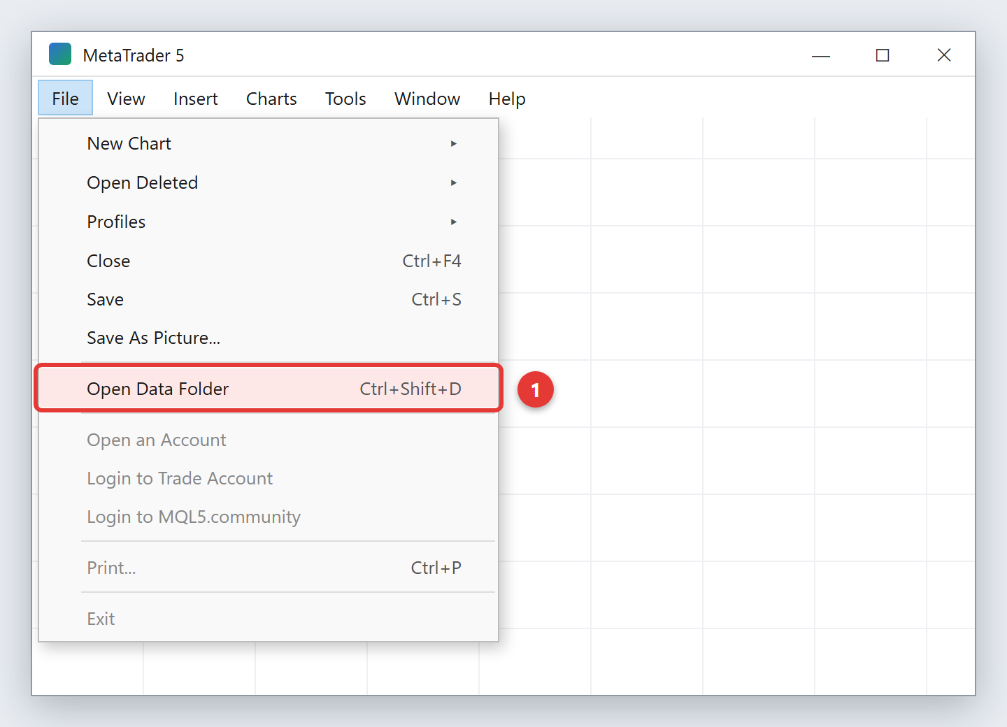 MetaTrader 5 File menu with Open Data Folder highlighted
