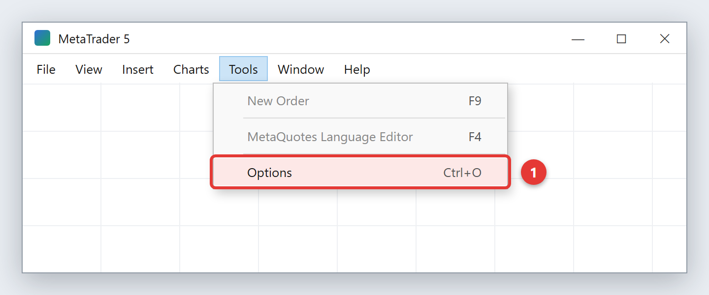 MetaTrader 5 Tools menu with Options highlighted