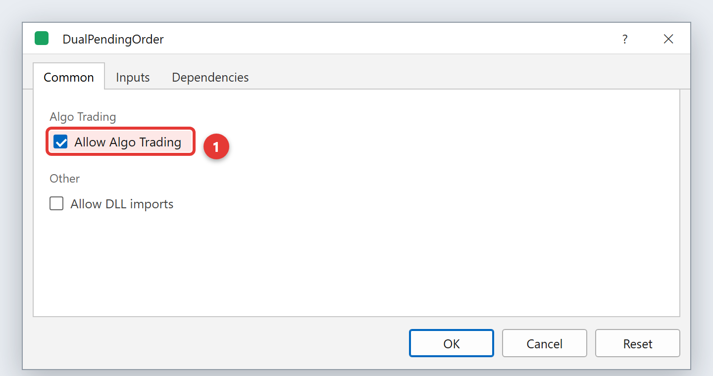 EA properties, Common tab: Allow Algo Trading ticked
