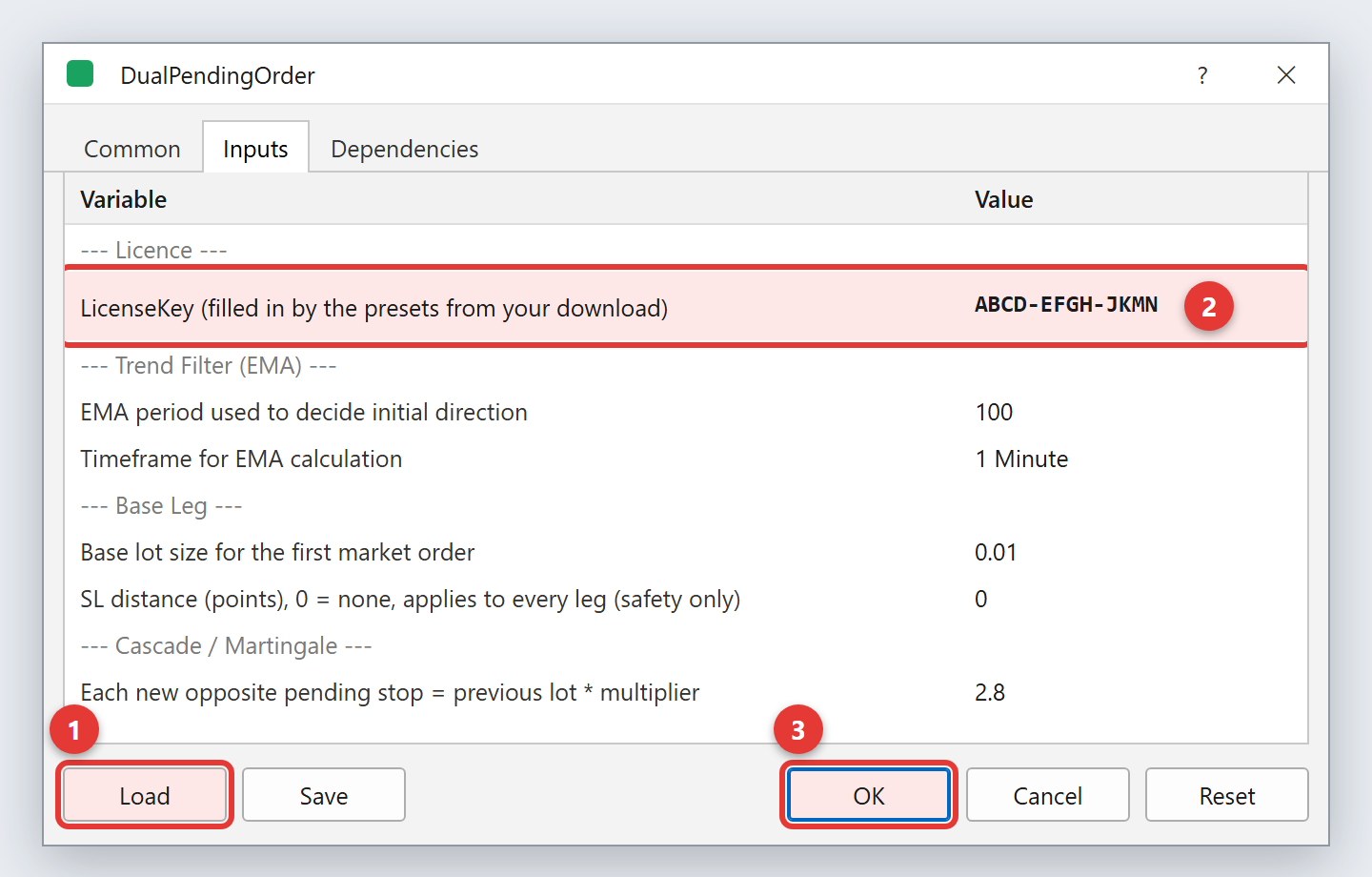 EA properties, Inputs tab: Load button, licence key filled in, OK