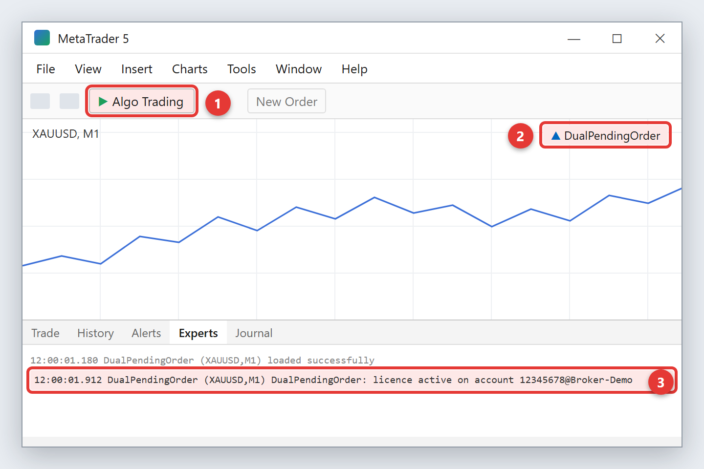 Algo Trading on, EA name on the chart and 'licence active' in the Experts tab
